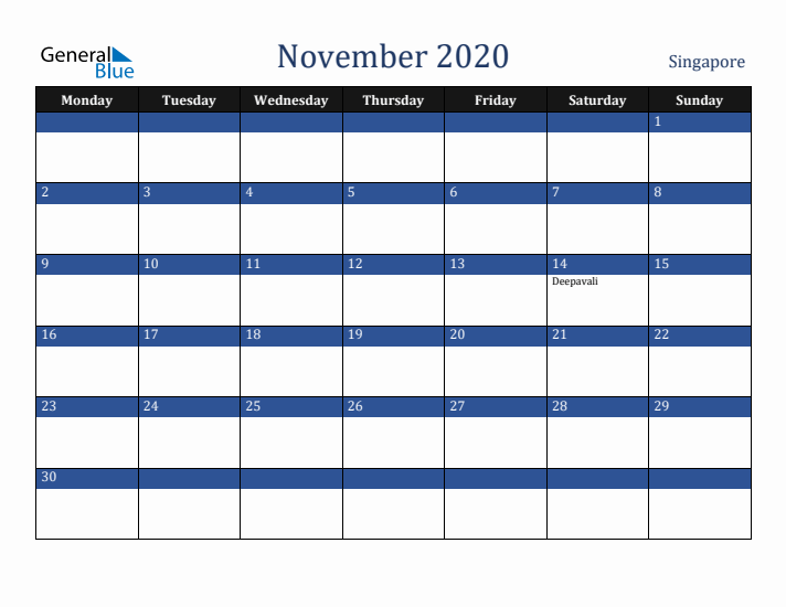 November 2020 Singapore Calendar (Monday Start)