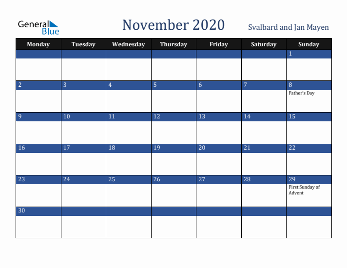 November 2020 Svalbard and Jan Mayen Calendar (Monday Start)