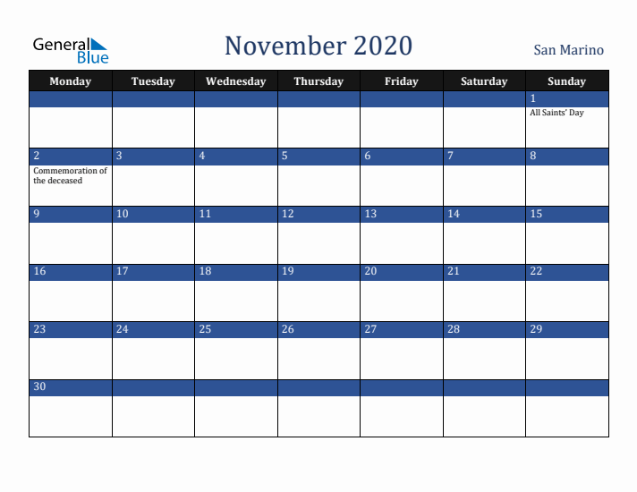 November 2020 San Marino Calendar (Monday Start)