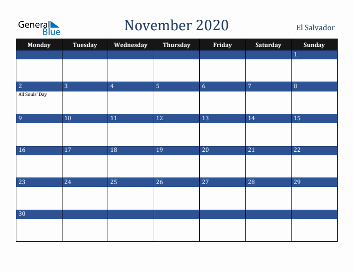 November 2020 El Salvador Calendar (Monday Start)