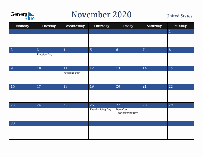 November 2020 United States Calendar (Monday Start)