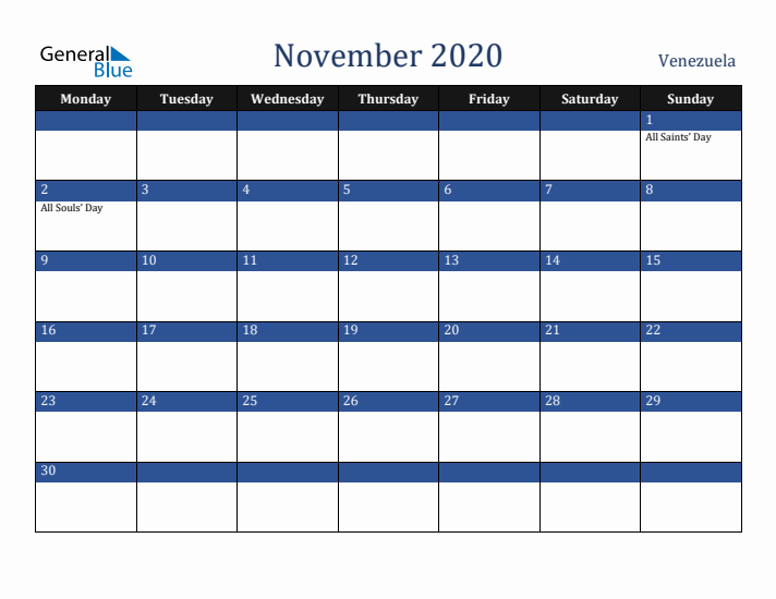 November 2020 Venezuela Calendar (Monday Start)