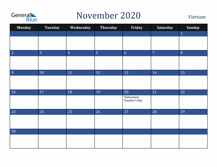 November 2020 Vietnam Calendar (Monday Start)