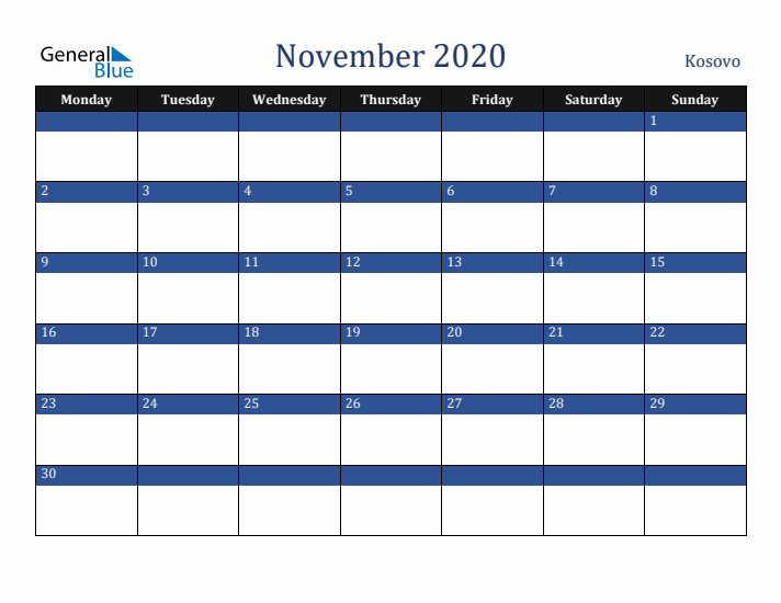 November 2020 Kosovo Calendar (Monday Start)
