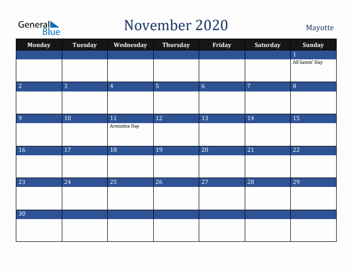 November 2020 Mayotte Calendar (Monday Start)