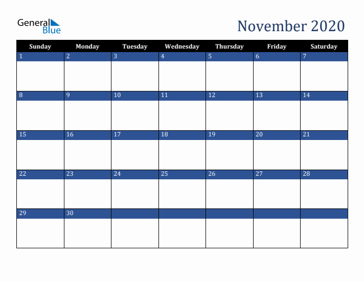 Sunday Start Calendar for November 2020
