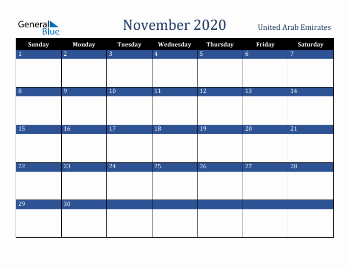 November 2020 United Arab Emirates Calendar (Sunday Start)