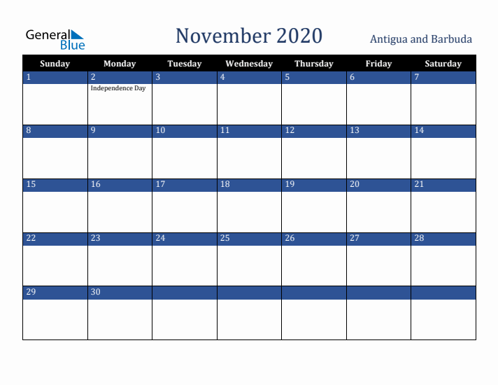 November 2020 Antigua and Barbuda Calendar (Sunday Start)