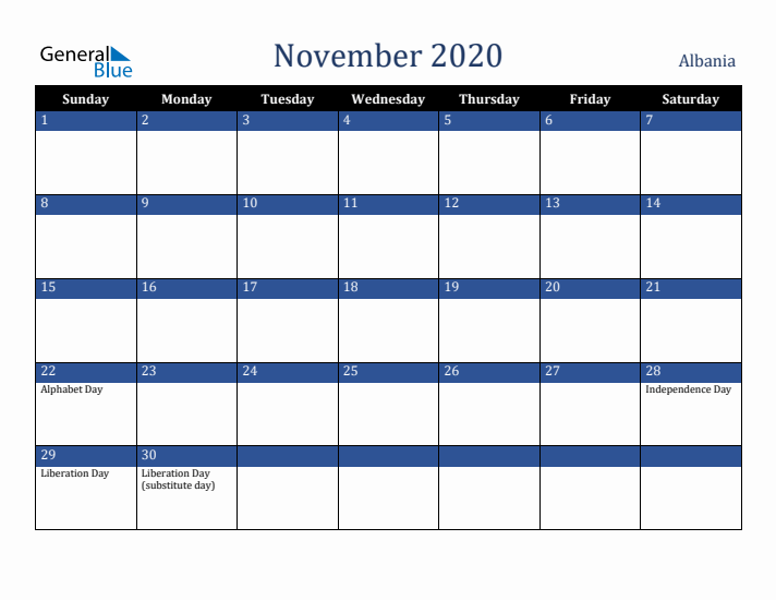 November 2020 Albania Calendar (Sunday Start)