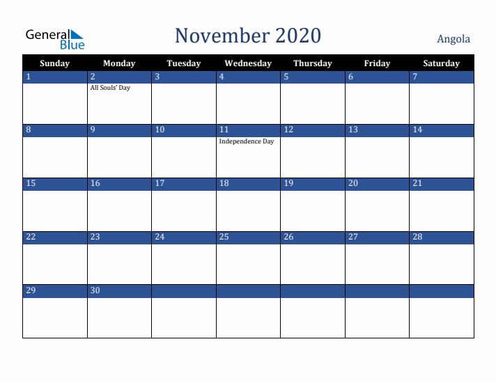 November 2020 Angola Calendar (Sunday Start)