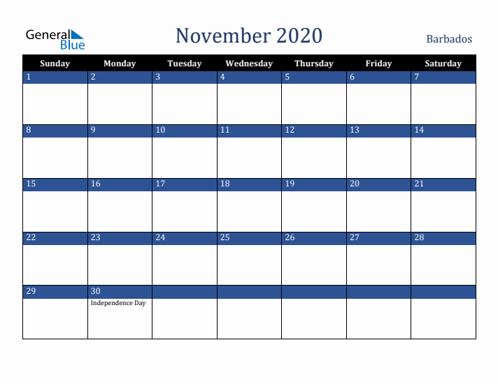 November 2020 Barbados Calendar (Sunday Start)