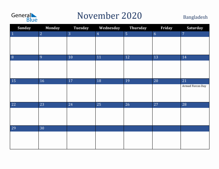 November 2020 Bangladesh Calendar (Sunday Start)
