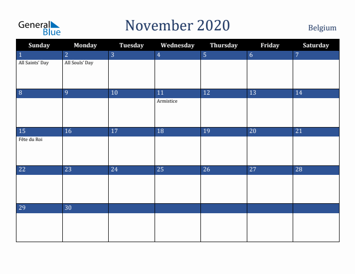 November 2020 Belgium Calendar (Sunday Start)