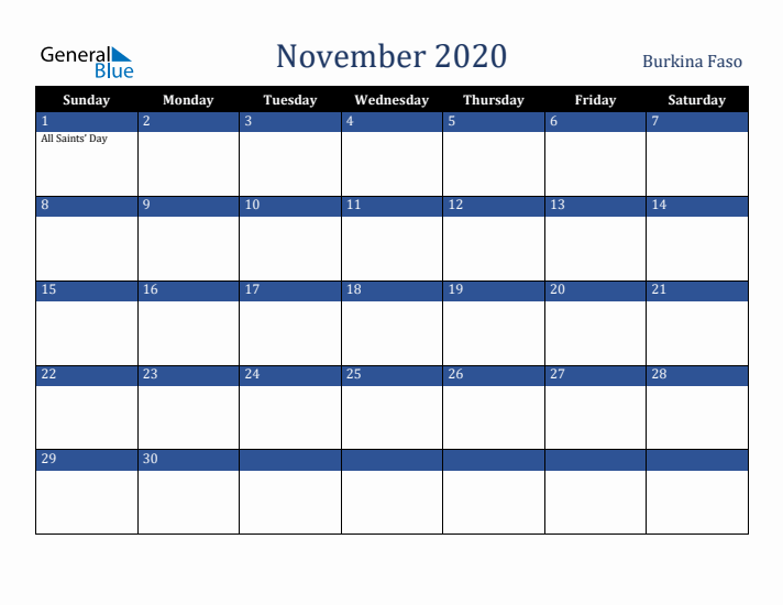 November 2020 Burkina Faso Calendar (Sunday Start)