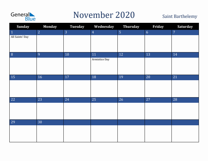 November 2020 Saint Barthelemy Calendar (Sunday Start)