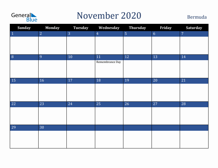 November 2020 Bermuda Calendar (Sunday Start)