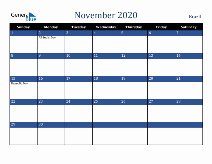 November 2020 Brazil Calendar (Sunday Start)