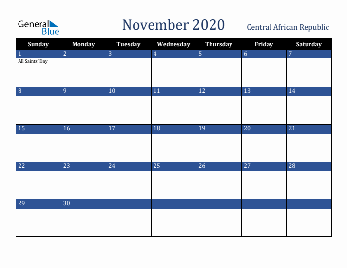 November 2020 Central African Republic Calendar (Sunday Start)