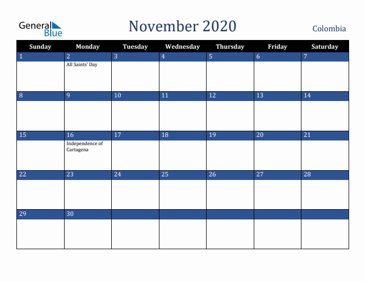 November 2020 Colombia Calendar (Sunday Start)