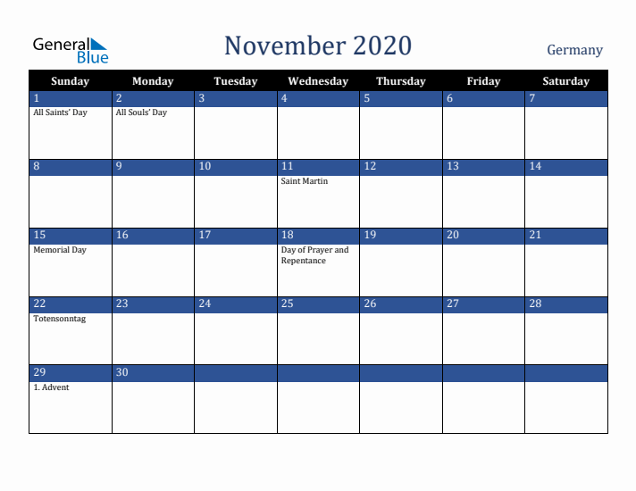 November 2020 Germany Calendar (Sunday Start)