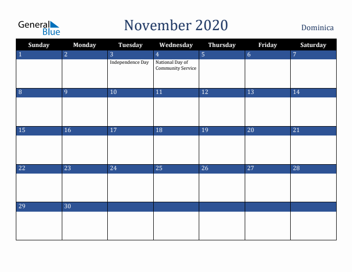 November 2020 Dominica Calendar (Sunday Start)