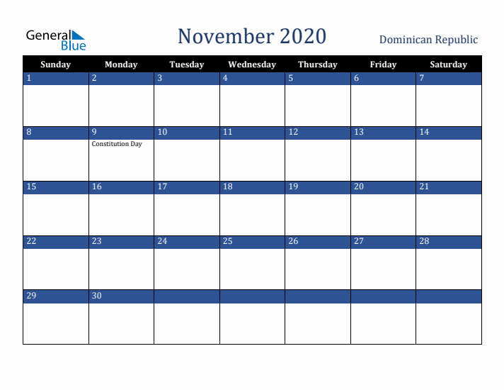 November 2020 Dominican Republic Calendar (Sunday Start)