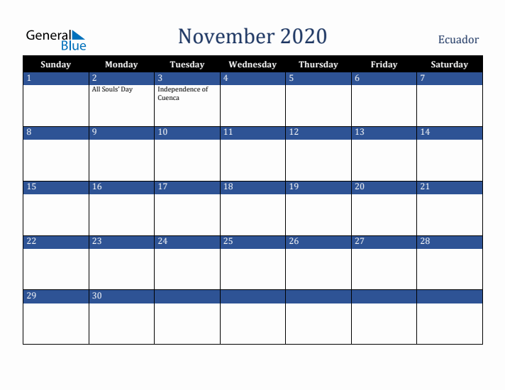 November 2020 Ecuador Calendar (Sunday Start)