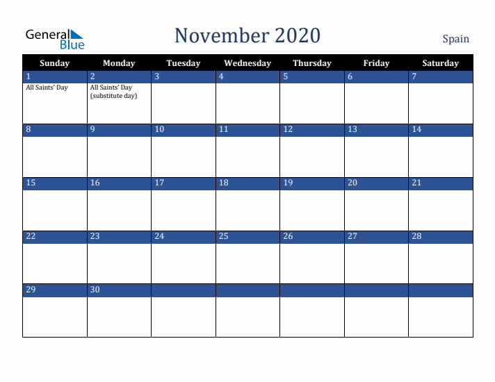 November 2020 Spain Calendar (Sunday Start)
