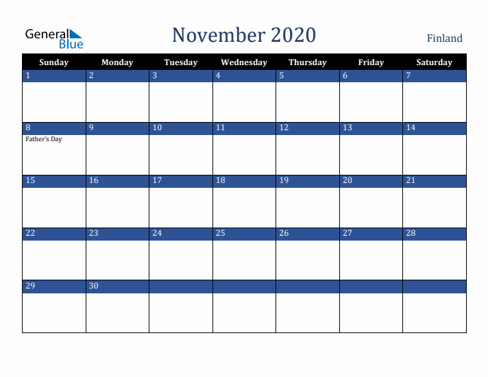 November 2020 Finland Calendar (Sunday Start)