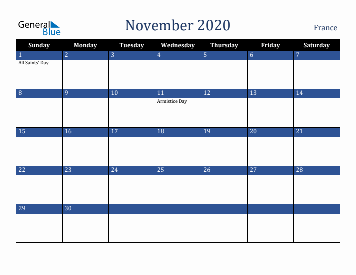 November 2020 France Calendar (Sunday Start)