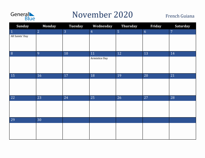 November 2020 French Guiana Calendar (Sunday Start)