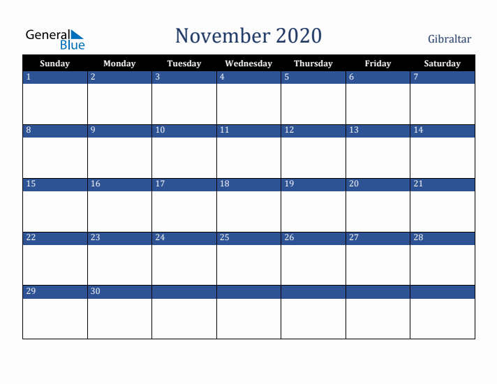 November 2020 Gibraltar Calendar (Sunday Start)