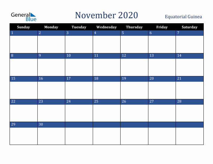 November 2020 Equatorial Guinea Calendar (Sunday Start)