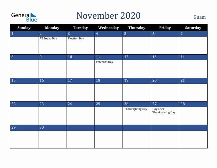 November 2020 Guam Calendar (Sunday Start)
