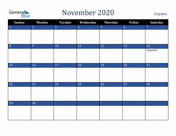 November 2020 Guyana Calendar (Sunday Start)