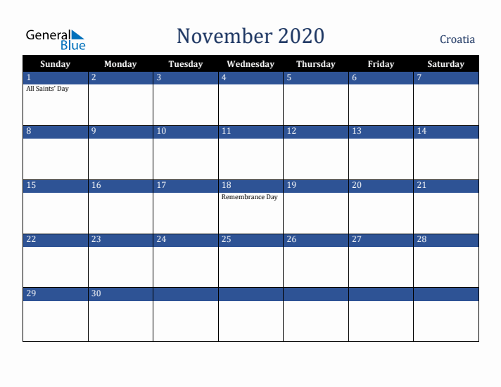 November 2020 Croatia Calendar (Sunday Start)