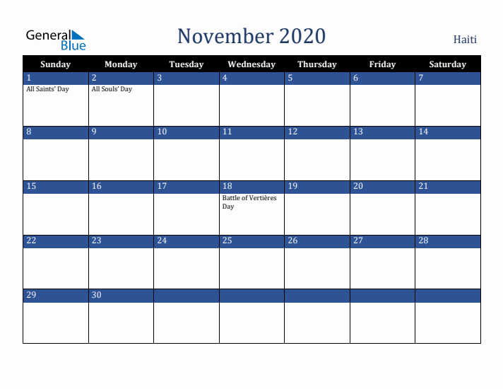 November 2020 Haiti Calendar (Sunday Start)