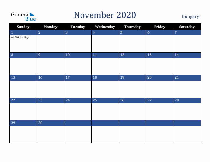 November 2020 Hungary Calendar (Sunday Start)
