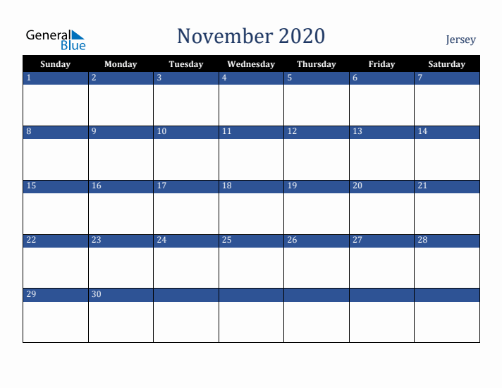 November 2020 Jersey Calendar (Sunday Start)