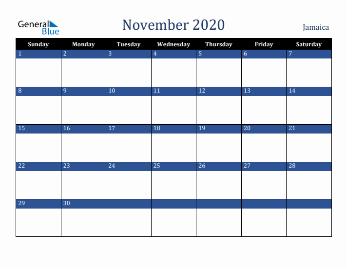 November 2020 Jamaica Calendar (Sunday Start)