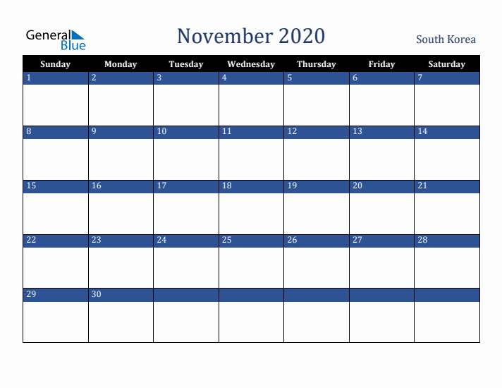 November 2020 South Korea Calendar (Sunday Start)