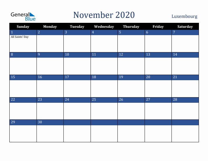 November 2020 Luxembourg Calendar (Sunday Start)