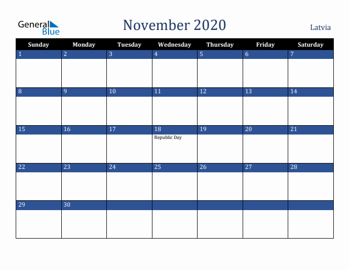 November 2020 Latvia Calendar (Sunday Start)