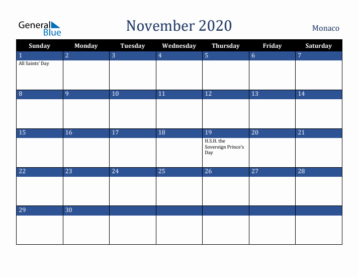 November 2020 Monaco Calendar (Sunday Start)