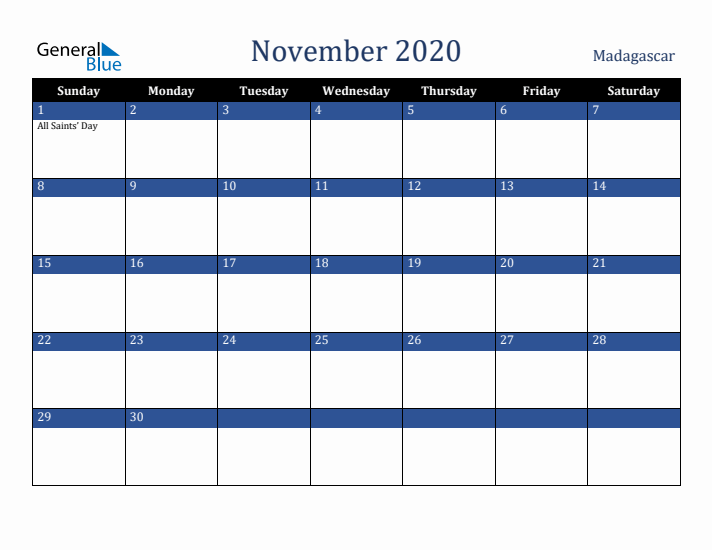 November 2020 Madagascar Calendar (Sunday Start)