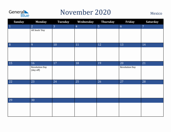 November 2020 Mexico Calendar (Sunday Start)