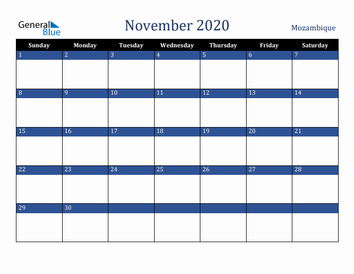 November 2020 Mozambique Calendar (Sunday Start)