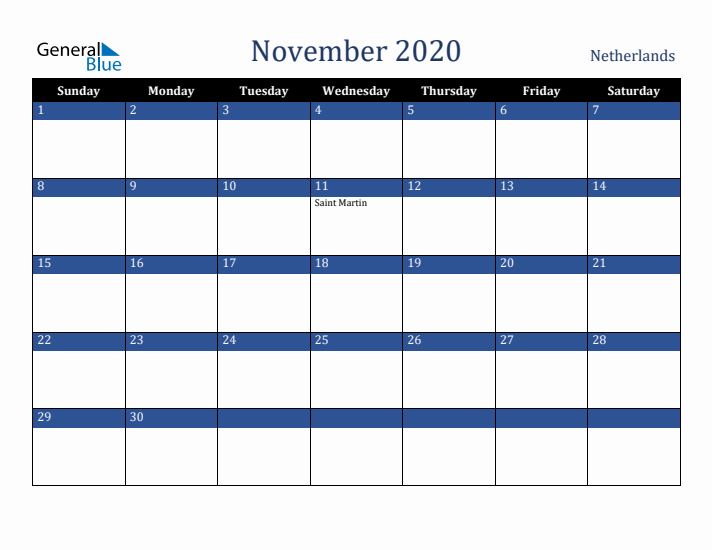 November 2020 The Netherlands Calendar (Sunday Start)
