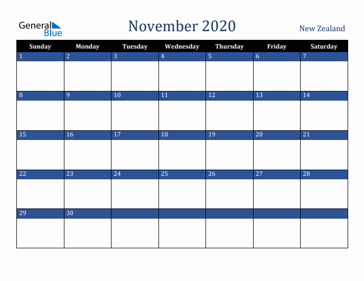November 2020 New Zealand Calendar (Sunday Start)