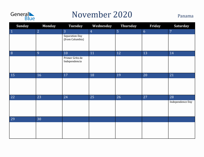 November 2020 Panama Calendar (Sunday Start)